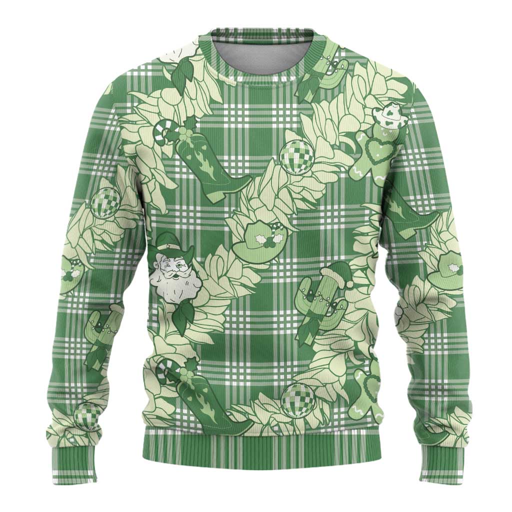 Green Palaka Hawaii Cowboy Christmas Ugly Christmas Sweater Paniolo Mix Maile Lei - Polynesian Pride