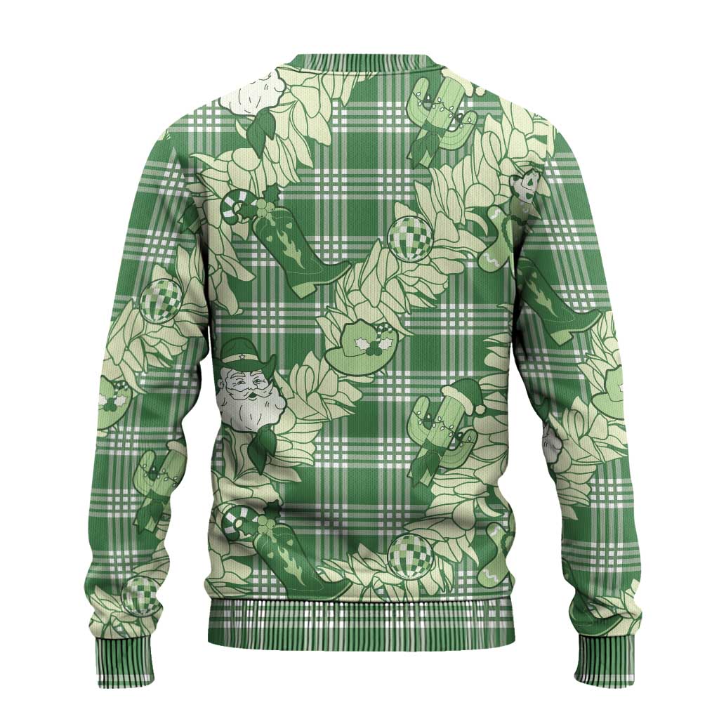 Green Palaka Hawaii Cowboy Christmas Ugly Christmas Sweater Paniolo Mix Maile Lei - Polynesian Pride