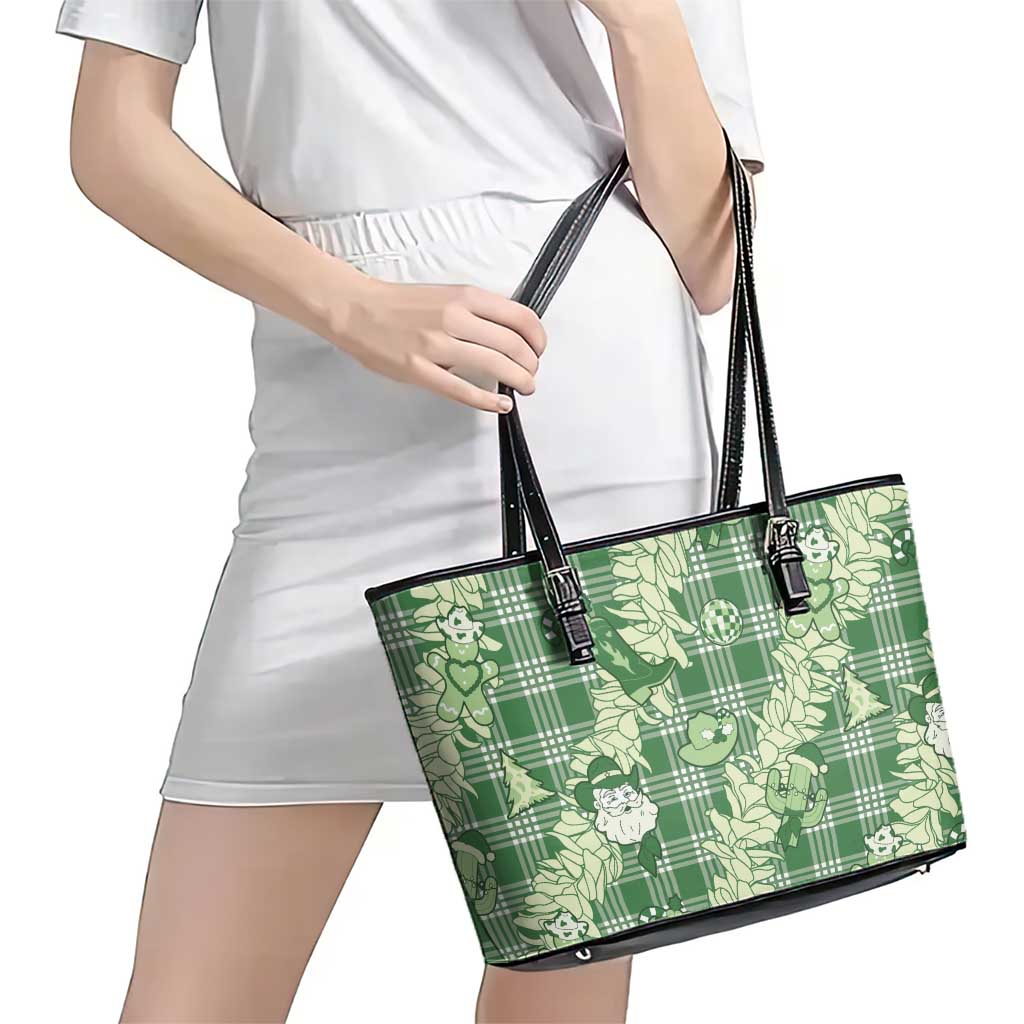 Green Palaka Hawaii Cowboy Christmas Leather Tote Bag Paniolo Mix Maile Lei - Polynesian Pride