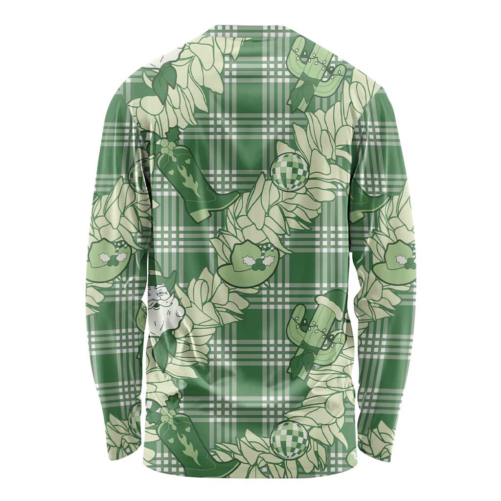 Green Palaka Hawaii Cowboy Christmas Long Sleeve Shirt Paniolo Mix Maile Lei - Polynesian Pride