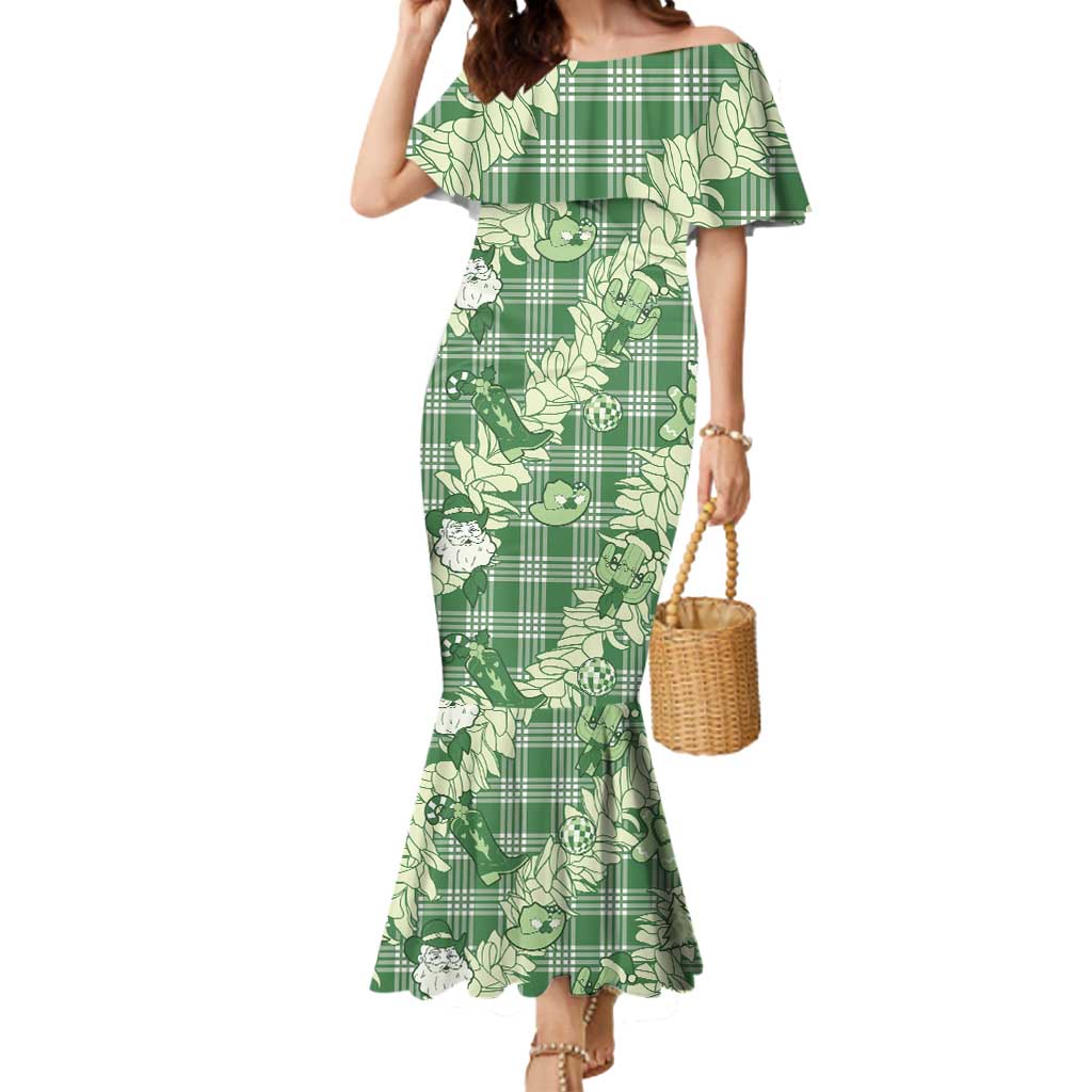 Green Palaka Hawaii Cowboy Christmas Mermaid Dress Paniolo Mix Maile Lei - Polynesian Pride