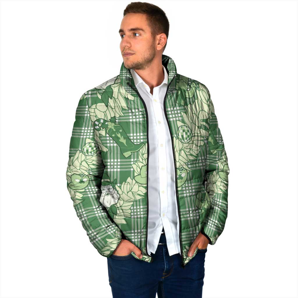 Green Palaka Hawaii Cowboy Christmas Padded Jacket Paniolo Mix Maile Lei - Polynesian Pride