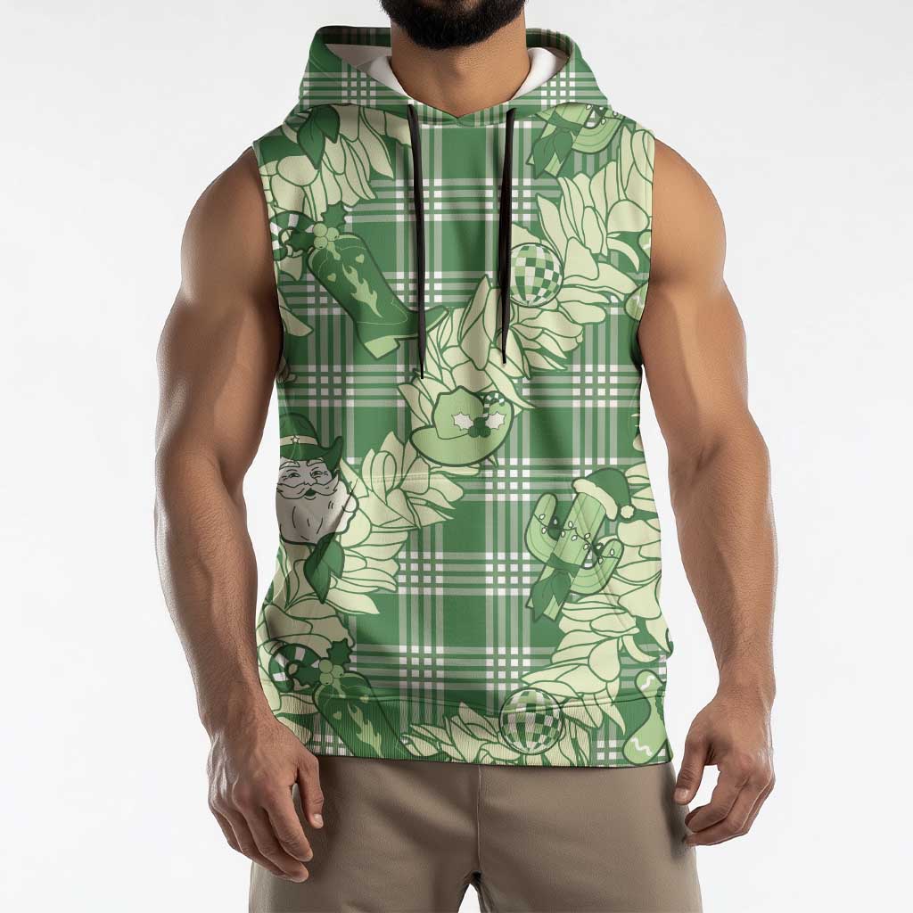 Green Palaka Hawaii Cowboy Christmas Sleeveless Hoodie Paniolo Mix Maile Lei - Polynesian Pride