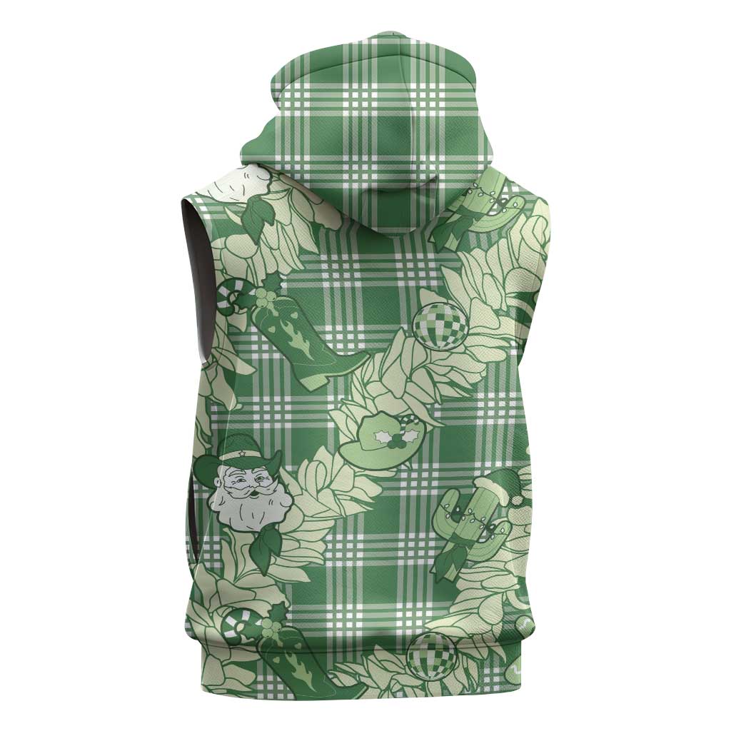 Green Palaka Hawaii Cowboy Christmas Sleeveless Zip Hoodie Paniolo Mix Maile Lei - Polynesian Pride