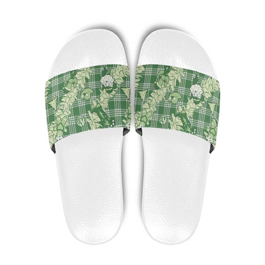 Green Palaka Hawaii Cowboy Christmas Slide Sandals Paniolo Mix Maile Lei - Polynesian Pride