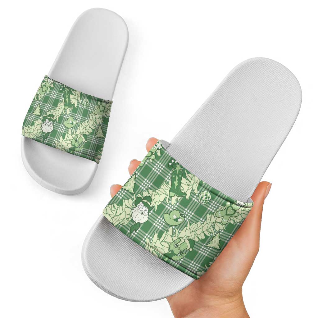 Green Palaka Hawaii Cowboy Christmas Slide Sandals Paniolo Mix Maile Lei - Polynesian Pride
