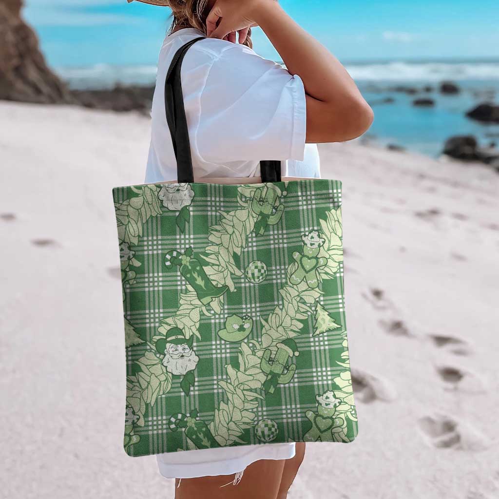 Green Palaka Hawaii Cowboy Christmas Tote Bag Paniolo Mix Maile Lei - Polynesian Pride