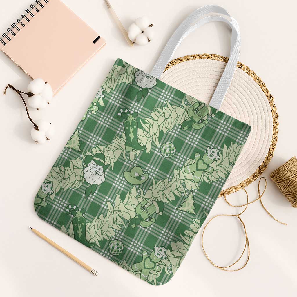 Green Palaka Hawaii Cowboy Christmas Tote Bag Paniolo Mix Maile Lei - Polynesian Pride