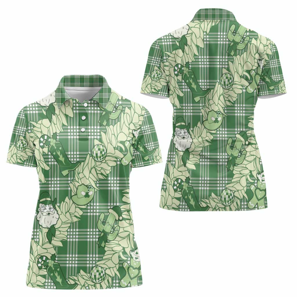 Green Palaka Hawaii Cowboy Christmas Women Polo Shirt Paniolo Mix Maile Lei - Polynesian Pride