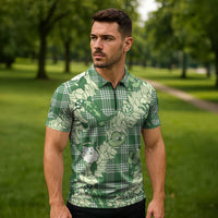 Green Palaka Hawaii Cowboy Christmas Zipper Polo Shirt Paniolo Mix Maile Lei - Polynesian Pride