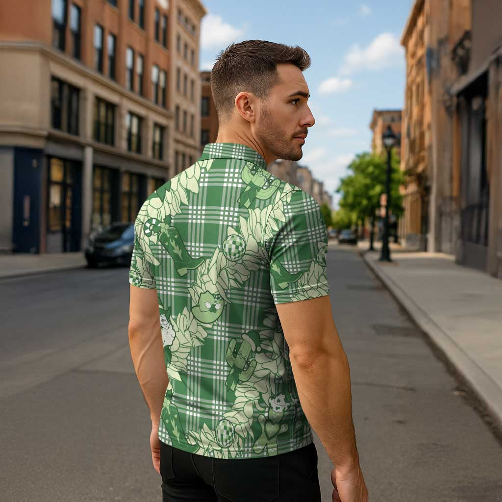 Green Palaka Hawaii Cowboy Christmas Zipper Polo Shirt Paniolo Mix Maile Lei - Polynesian Pride