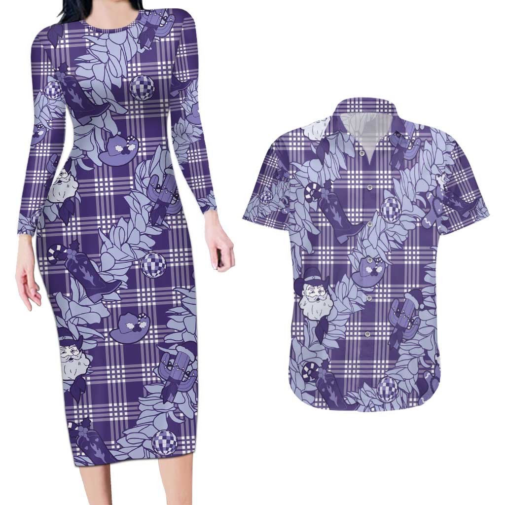 Purple Palaka Hawaii Cowboy Christmas Couples Matching Long Sleeve Bodycon Dress and Hawaiian Shirt Paniolo Mix Maile Lei LT7 Purple - Polynesian Pride