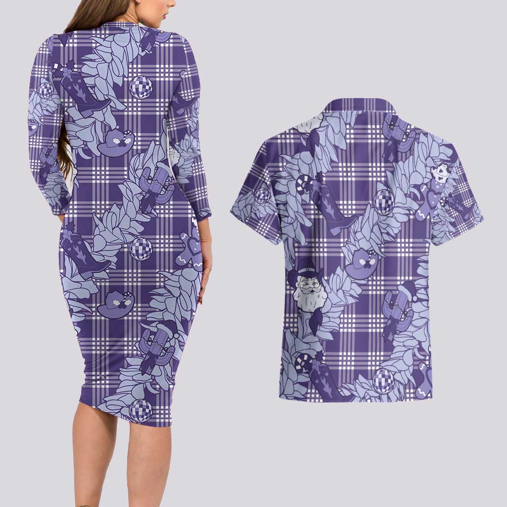 Purple Palaka Hawaii Cowboy Christmas Couples Matching Long Sleeve Bodycon Dress and Hawaiian Shirt Paniolo Mix Maile Lei LT7 - Polynesian Pride