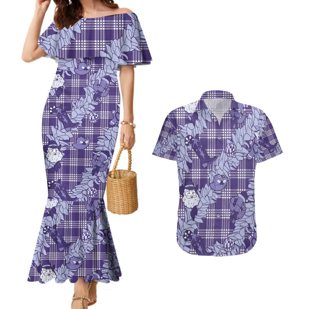 Purple Palaka Hawaii Cowboy Christmas Couples Matching Mermaid Dress and Hawaiian Shirt Paniolo Mix Maile Lei - Polynesian Pride
