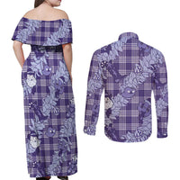 Purple Palaka Hawaii Cowboy Christmas Couples Matching Off Shoulder Maxi Dress and Long Sleeve Button Shirt Paniolo Mix Maile Lei - Polynesian Pride