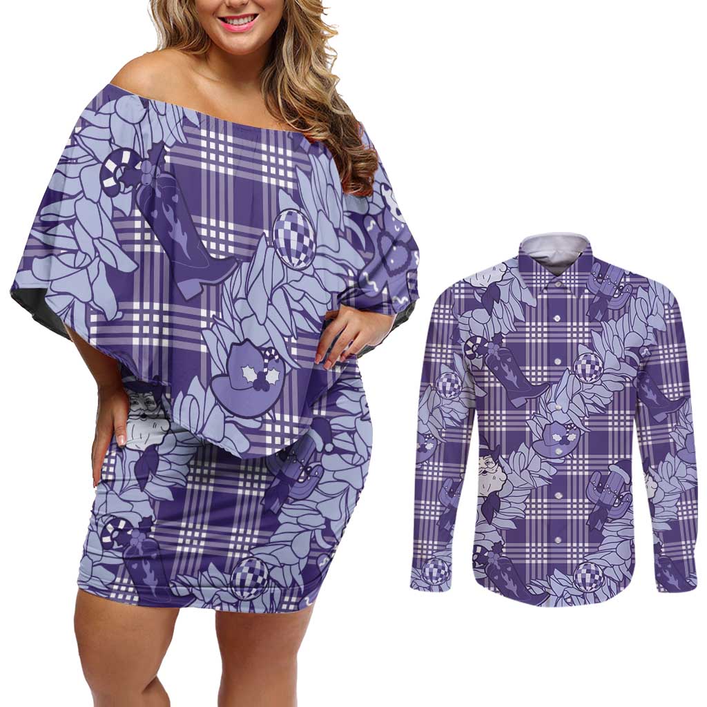 Purple Palaka Hawaii Cowboy Christmas Couples Matching Off Shoulder Short Dress and Long Sleeve Button Shirt Paniolo Mix Maile Lei - Polynesian Pride
