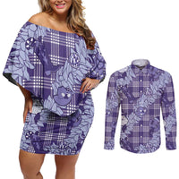 Purple Palaka Hawaii Cowboy Christmas Couples Matching Off Shoulder Short Dress and Long Sleeve Button Shirt Paniolo Mix Maile Lei - Polynesian Pride