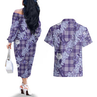 Purple Palaka Hawaii Cowboy Christmas Couples Matching Off The Shoulder Long Sleeve Dress and Hawaiian Shirt Paniolo Mix Maile Lei - Polynesian Pride