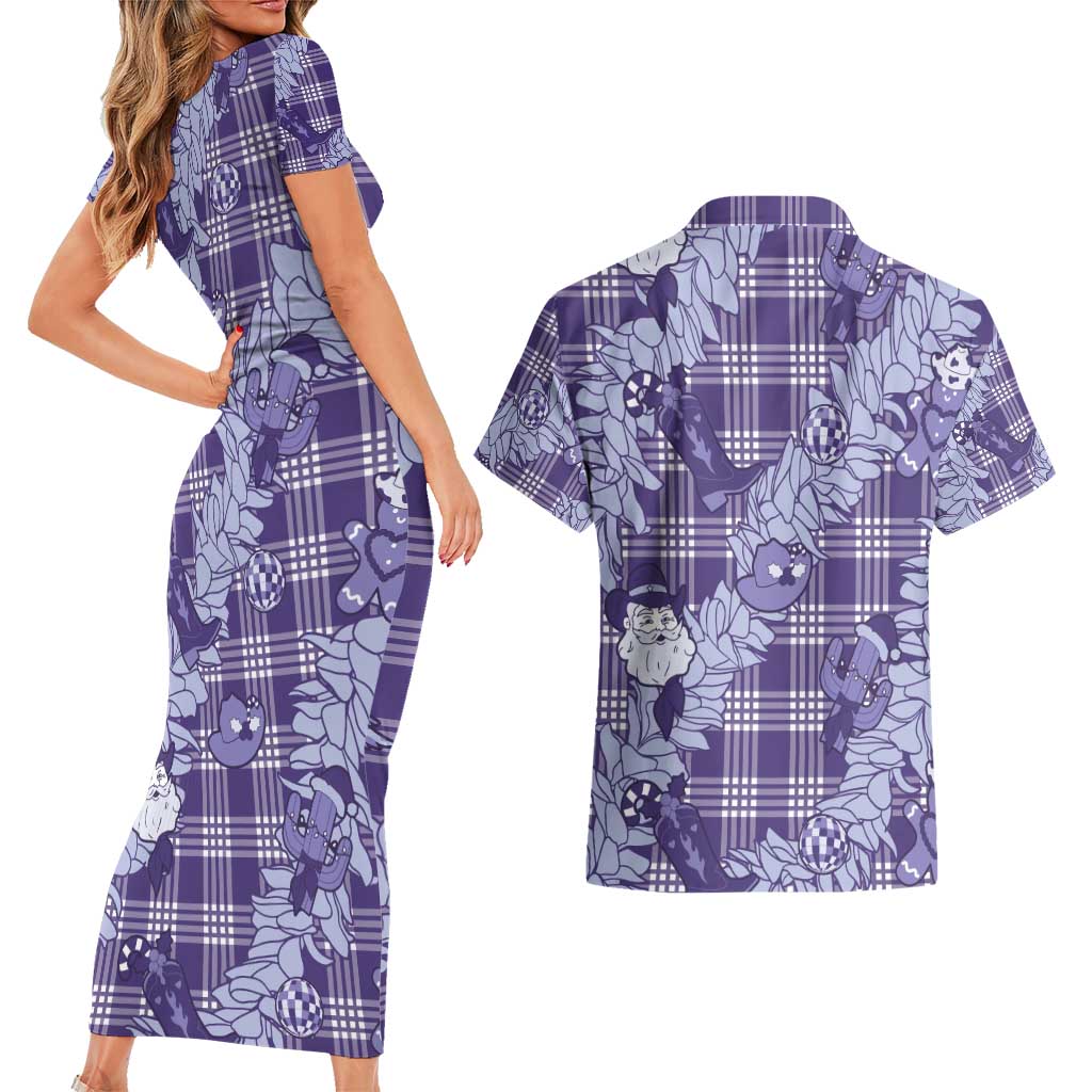 Purple Palaka Hawaii Cowboy Christmas Couples Matching Short Sleeve Bodycon Dress and Hawaiian Shirt Paniolo Mix Maile Lei LT7 - Polynesian Pride