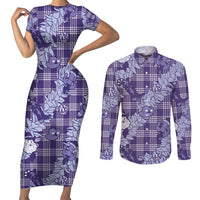 Purple Palaka Hawaii Cowboy Christmas Couples Matching Short Sleeve Bodycon Dress and Long Sleeve Button Shirt Paniolo Mix Maile Lei - Polynesian Pride