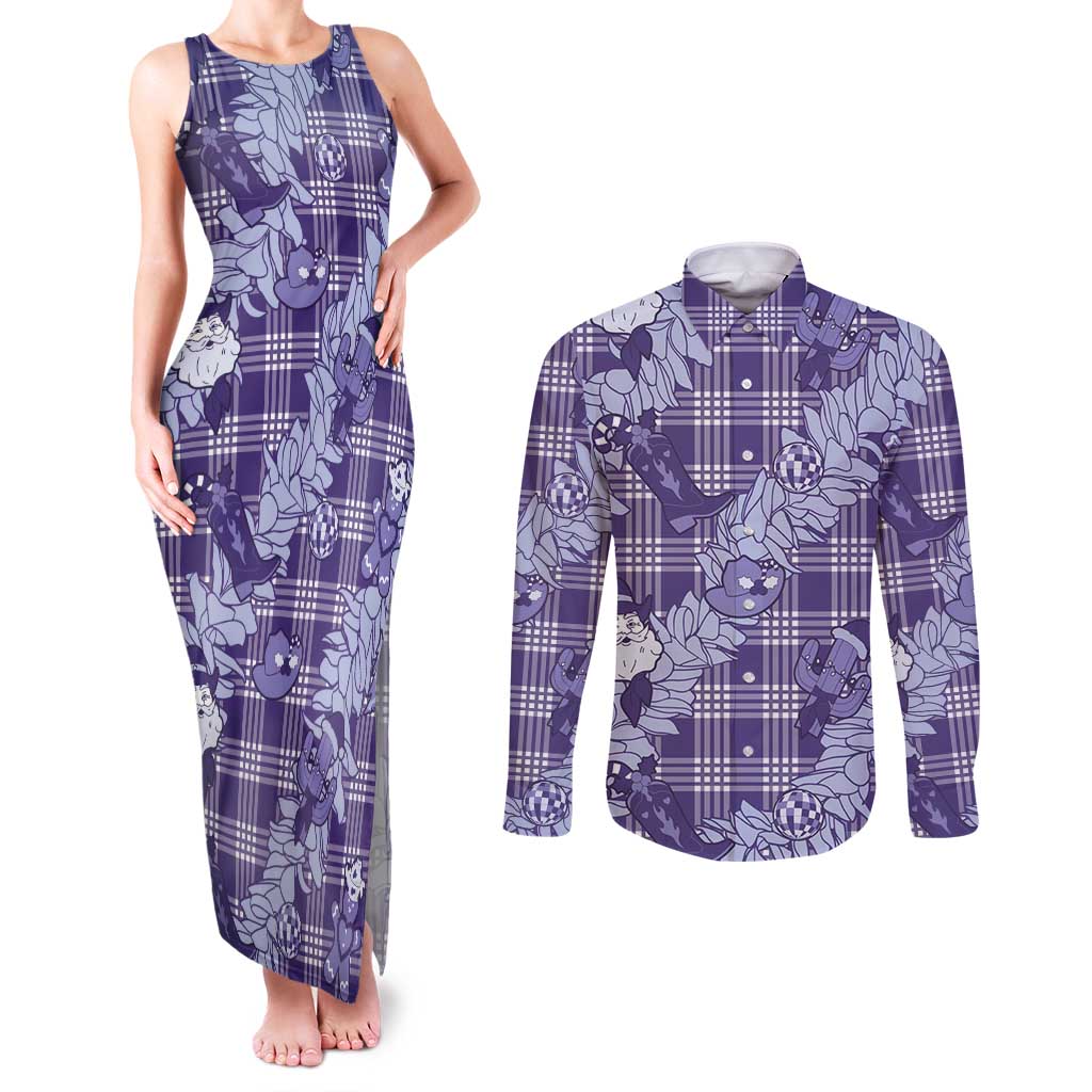 Purple Palaka Hawaii Cowboy Christmas Couples Matching Tank Maxi Dress and Long Sleeve Button Shirt Paniolo Mix Maile Lei - Polynesian Pride