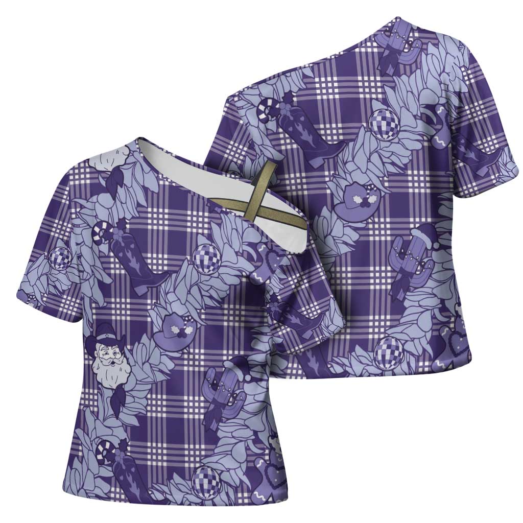 Purple Palaka Hawaii Cowboy Christmas Cross Shoulder Shirt Paniolo Mix Maile Lei - Polynesian Pride