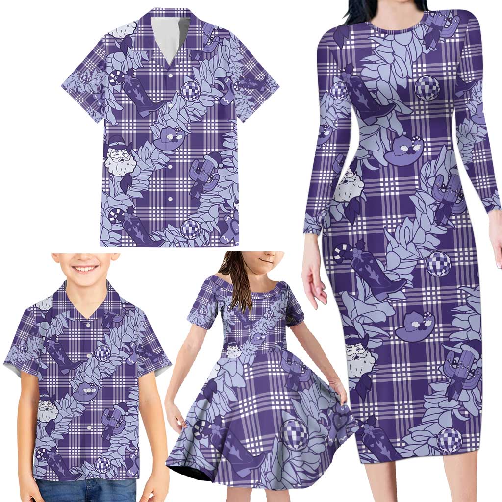 Purple Palaka Hawaii Cowboy Christmas Family Matching Long Sleeve Bodycon Dress and Hawaiian Shirt Paniolo Mix Maile Lei - Polynesian Pride