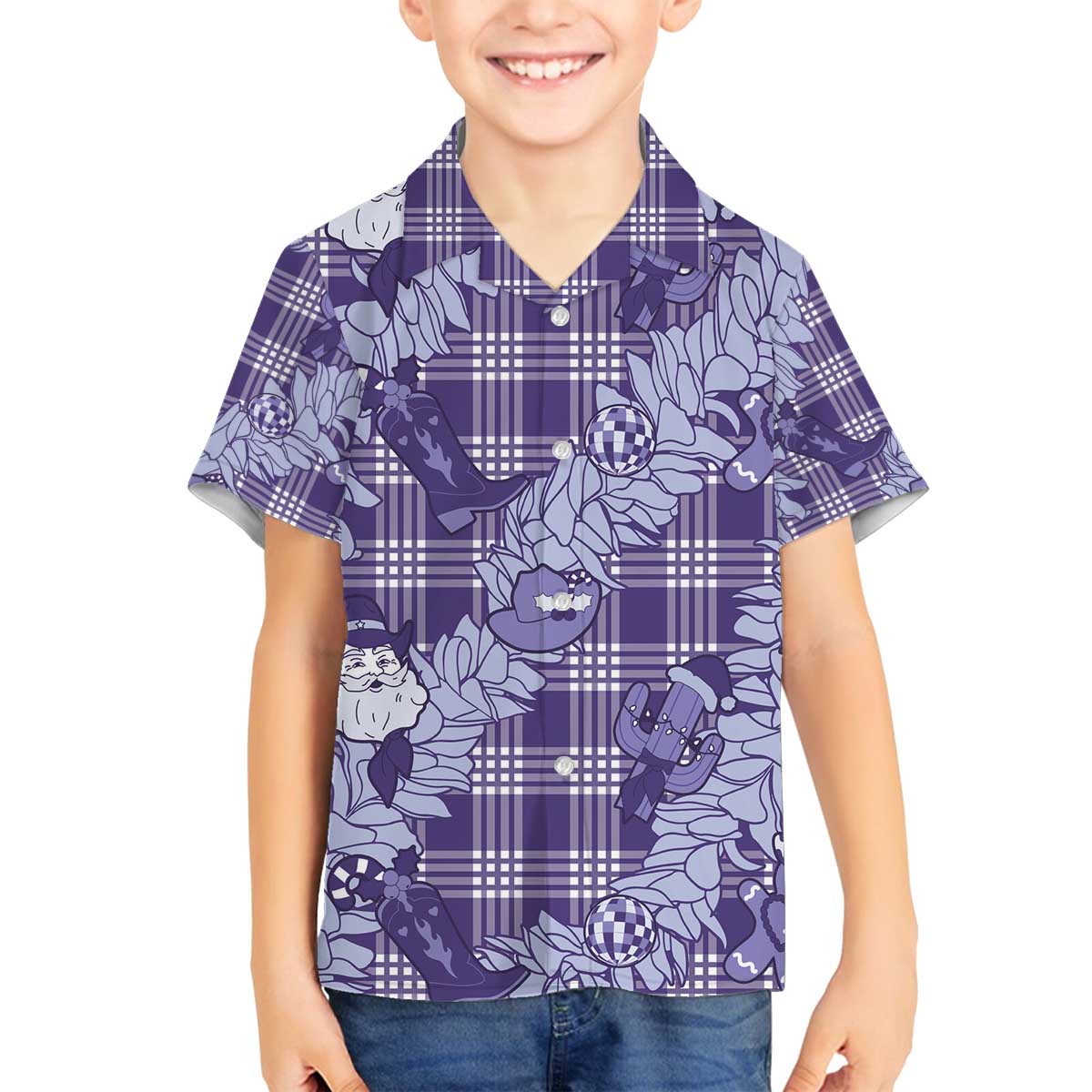 Purple Palaka Hawaii Cowboy Christmas Family Matching Off The Shoulder Long Sleeve Dress and Hawaiian Shirt Paniolo Mix Maile Lei - Polynesian Pride