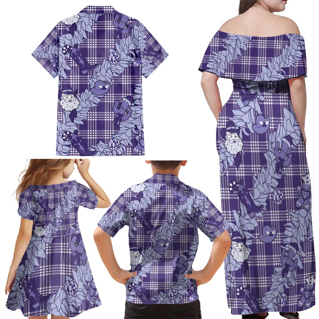 Purple Palaka Hawaii Cowboy Christmas Family Matching Off Shoulder Maxi Dress and Hawaiian Shirt Paniolo Mix Maile Lei - Polynesian Pride