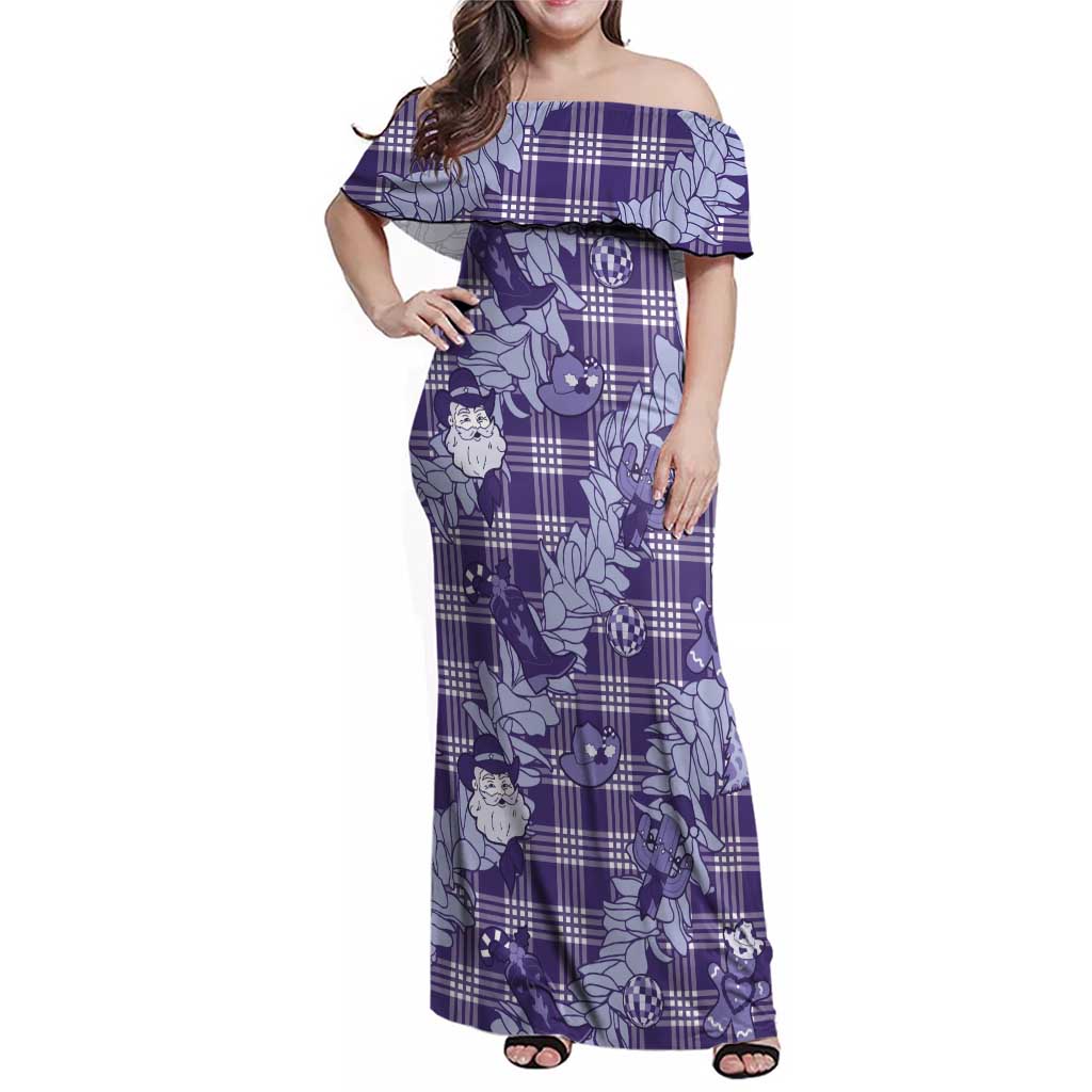 Purple Palaka Hawaii Cowboy Christmas Family Matching Off Shoulder Maxi Dress and Hawaiian Shirt Paniolo Mix Maile Lei - Polynesian Pride