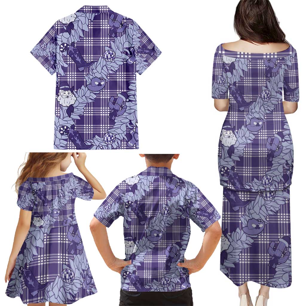 Purple Palaka Hawaii Cowboy Christmas Family Matching Puletasi and Hawaiian Shirt Paniolo Mix Maile Lei - Polynesian Pride
