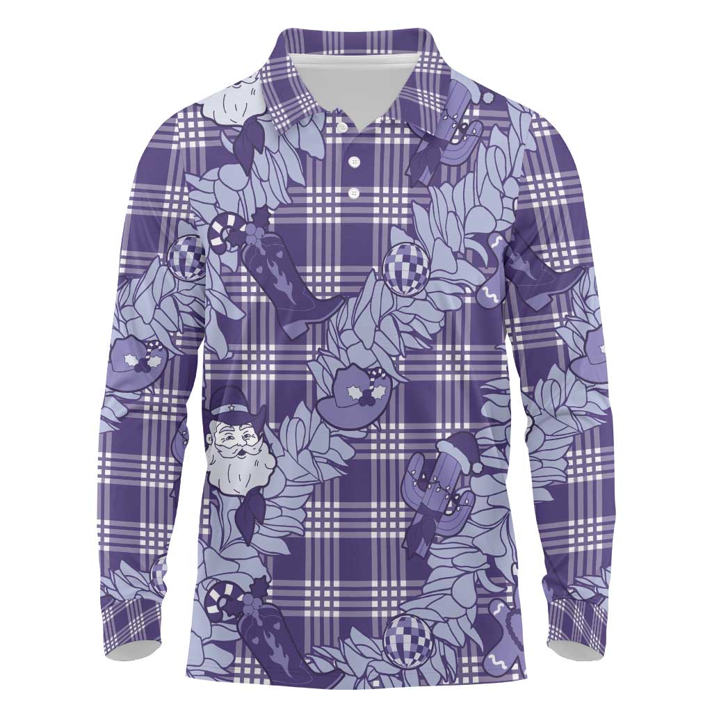 Purple Palaka Hawaii Cowboy Christmas Long Sleeve Polo Shirt Paniolo Mix Maile Lei - Polynesian Pride