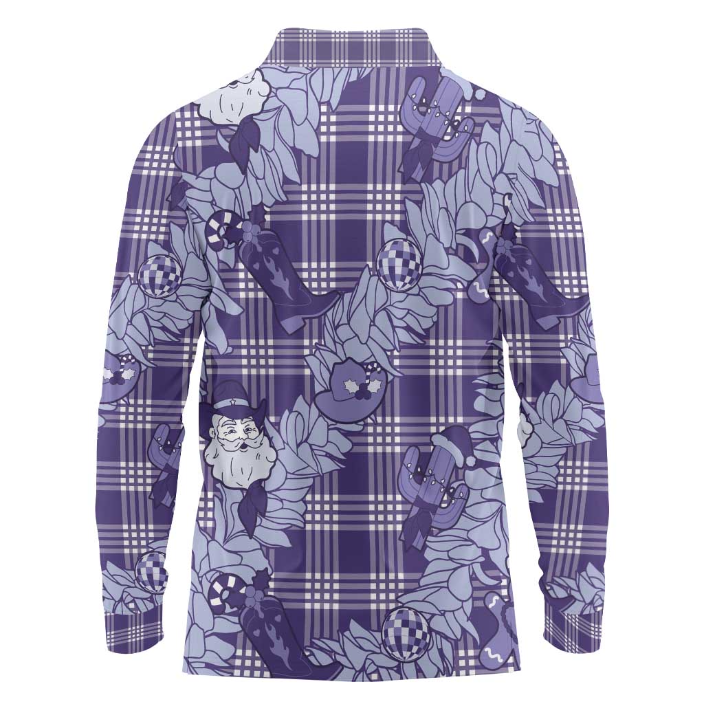 Purple Palaka Hawaii Cowboy Christmas Long Sleeve Polo Shirt Paniolo Mix Maile Lei - Polynesian Pride