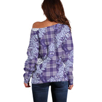 Purple Palaka Hawaii Cowboy Christmas Off Shoulder Sweater Paniolo Mix Maile Lei - Polynesian Pride