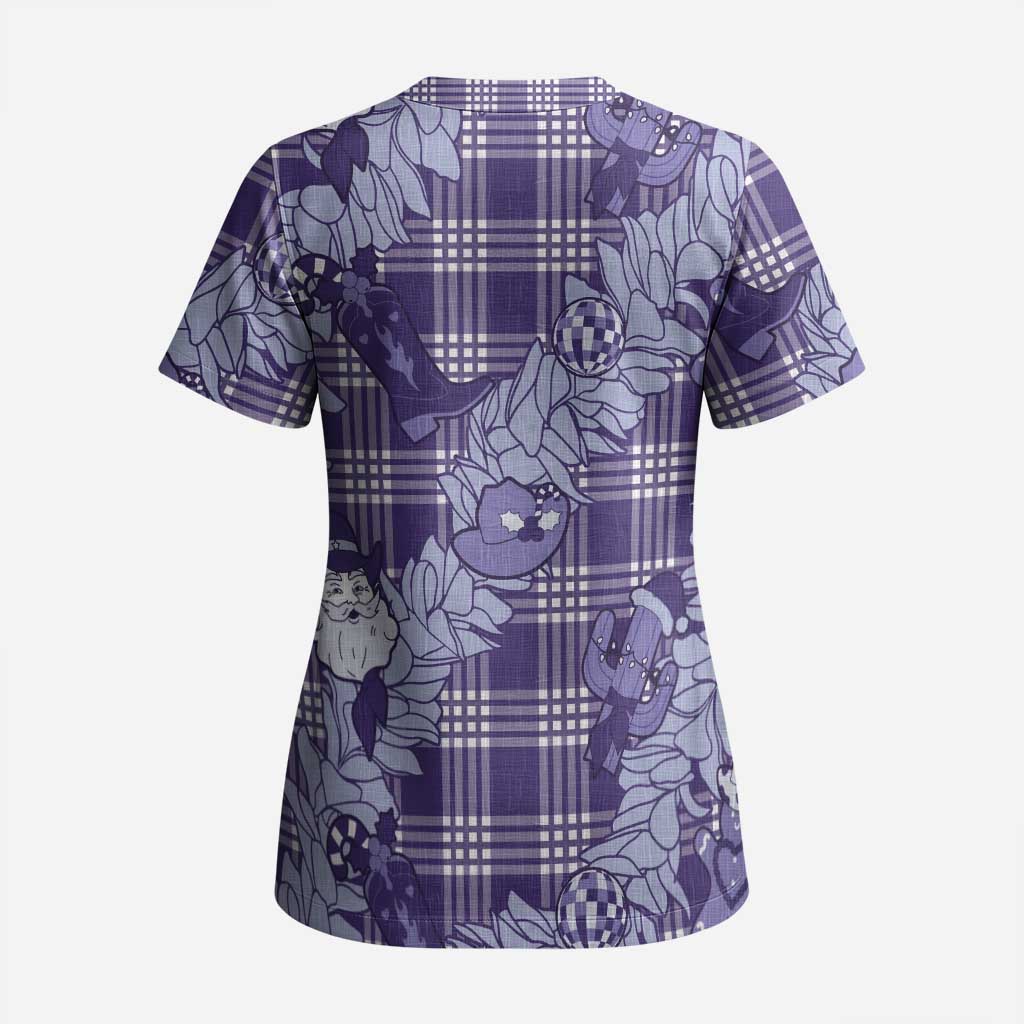 Purple Palaka Hawaii Cowboy Christmas Scrub Top Paniolo Mix Maile Lei - Polynesian Pride