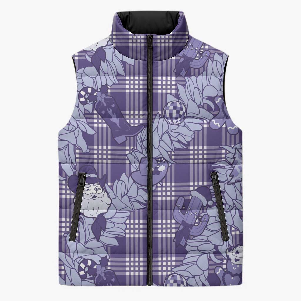 Purple Palaka Hawaii Cowboy Christmas Sleeveless Puffer Jacket Paniolo Mix Maile Lei - Polynesian Pride