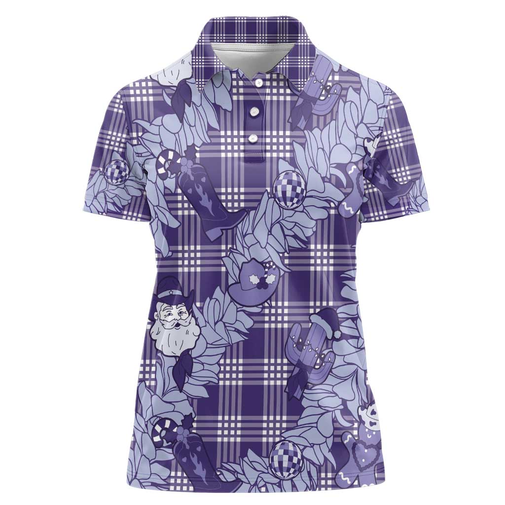 Purple Palaka Hawaii Cowboy Christmas Women Polo Shirt Paniolo Mix Maile Lei - Polynesian Pride