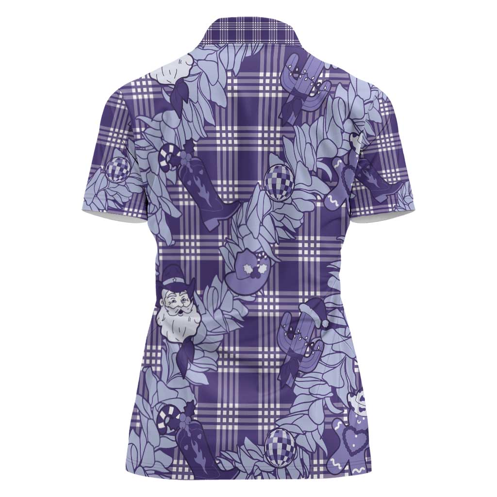 Purple Palaka Hawaii Cowboy Christmas Women Polo Shirt Paniolo Mix Maile Lei - Polynesian Pride