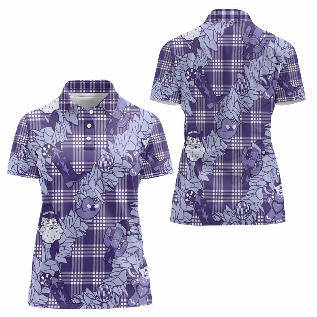 Purple Palaka Hawaii Cowboy Christmas Women Polo Shirt Paniolo Mix Maile Lei - Polynesian Pride