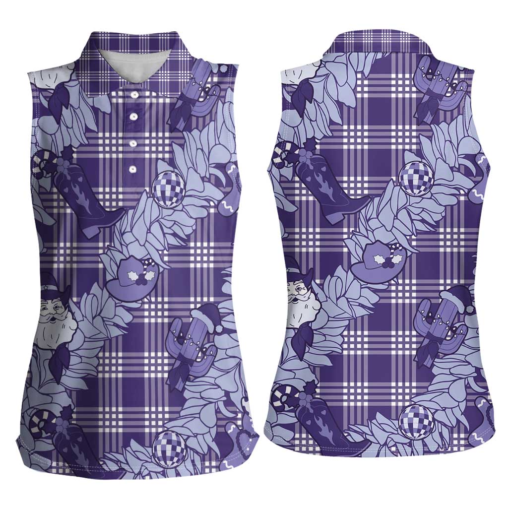 Purple Palaka Hawaii Cowboy Christmas Women Sleeveless Polo Shirt Paniolo Mix Maile Lei - Polynesian Pride