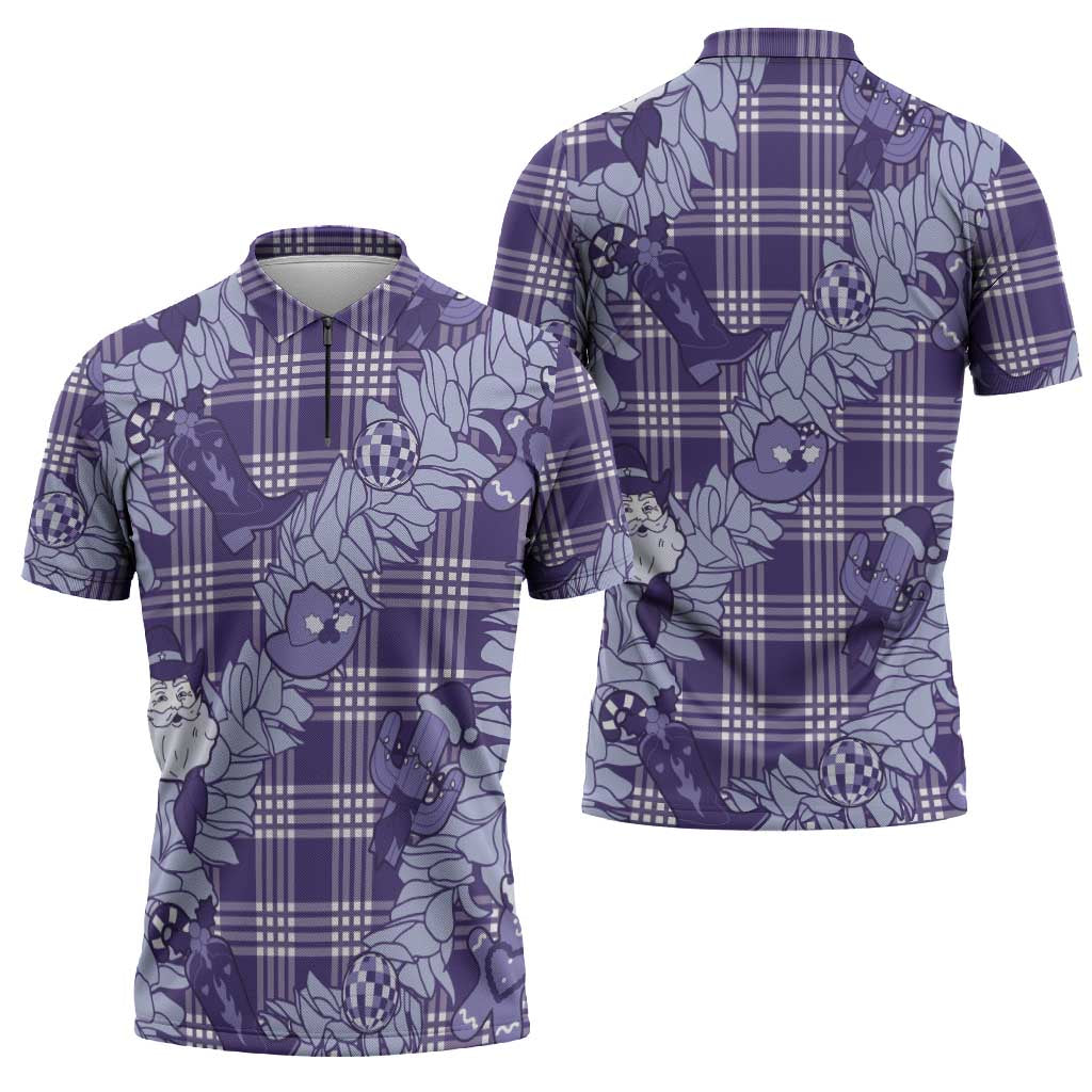 Purple Palaka Hawaii Cowboy Christmas Zipper Polo Shirt Paniolo Mix Maile Lei - Polynesian Pride