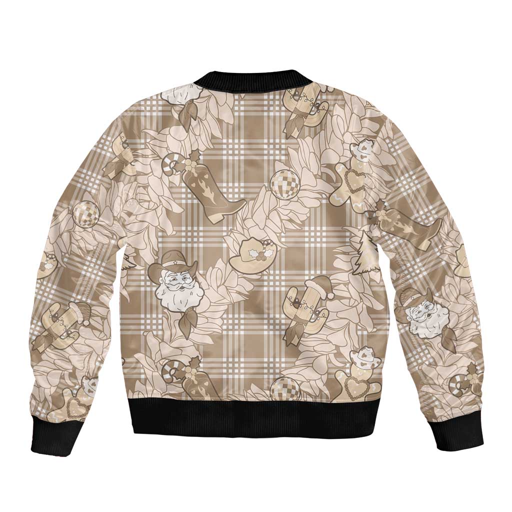 Khaki Palaka Hawaii Cowboy Christmas Bomber Jacket Paniolo Mix Maile Lei - Polynesian Pride