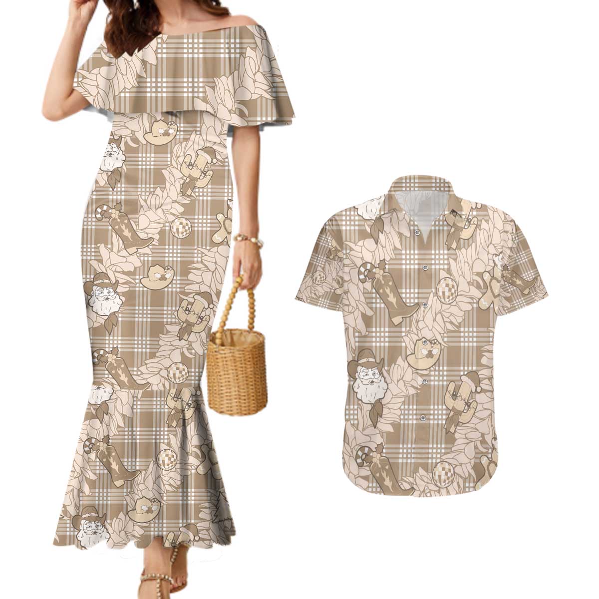 Khaki Palaka Hawaii Cowboy Christmas Couples Matching Mermaid Dress and Hawaiian Shirt Paniolo Mix Maile Lei - Polynesian Pride