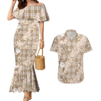 Khaki Palaka Hawaii Cowboy Christmas Couples Matching Mermaid Dress and Hawaiian Shirt Paniolo Mix Maile Lei - Polynesian Pride