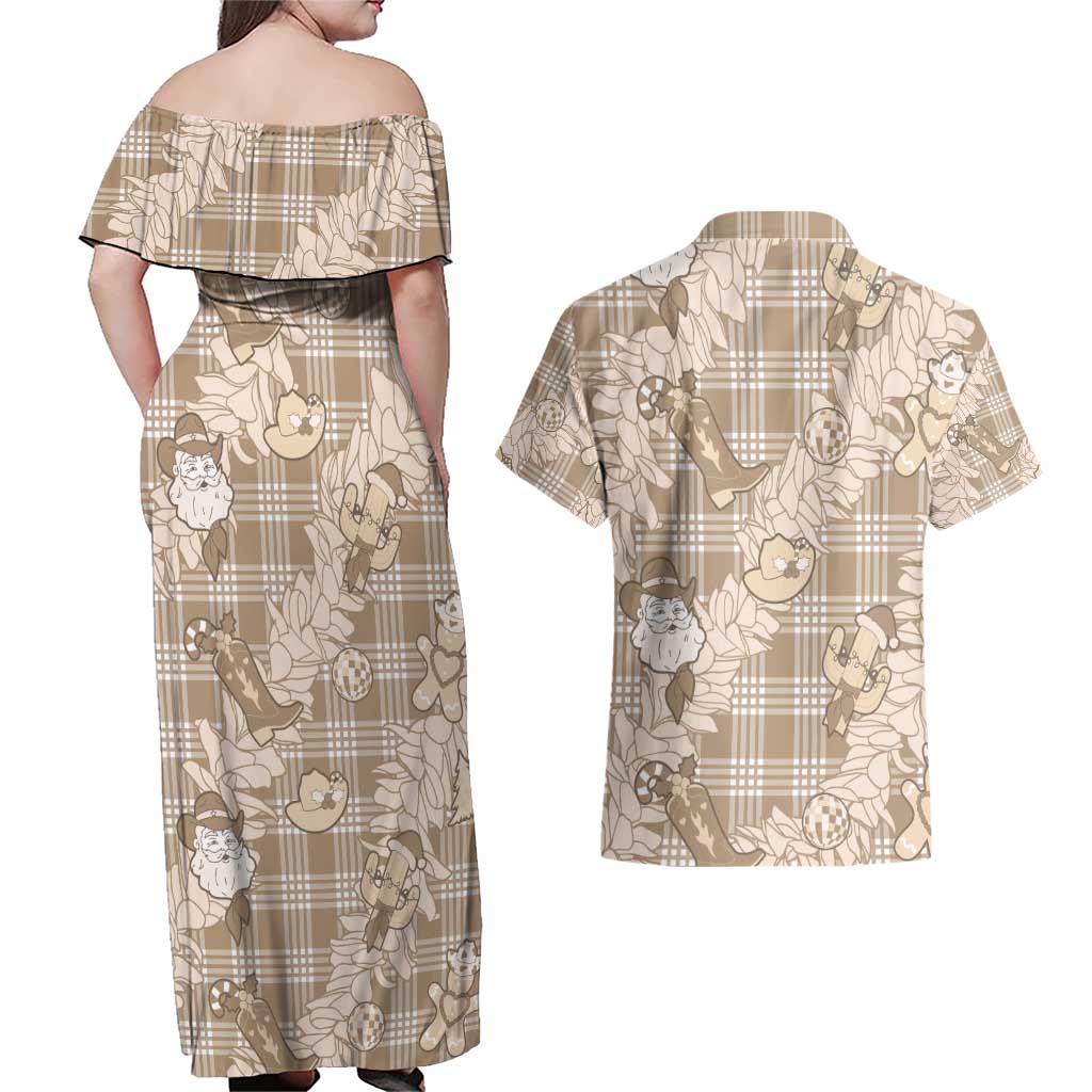 Khaki Palaka Hawaii Cowboy Christmas Couples Matching Off Shoulder Maxi Dress and Hawaiian Shirt Paniolo Mix Maile Lei LT7 - Polynesian Pride