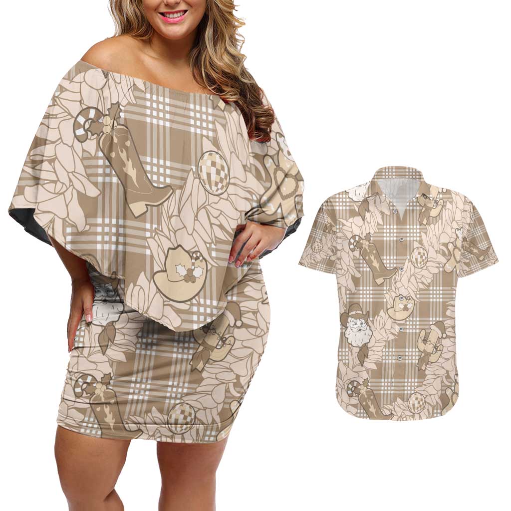 Khaki Palaka Hawaii Cowboy Christmas Couples Matching Off Shoulder Short Dress and Hawaiian Shirt Paniolo Mix Maile Lei LT7 Beige - Polynesian Pride