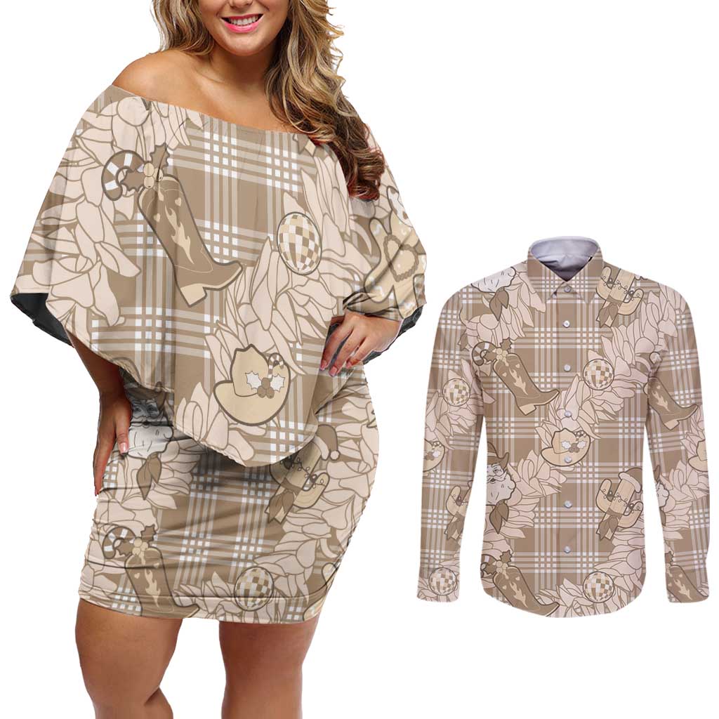 Khaki Palaka Hawaii Cowboy Christmas Couples Matching Off Shoulder Short Dress and Long Sleeve Button Shirt Paniolo Mix Maile Lei - Polynesian Pride