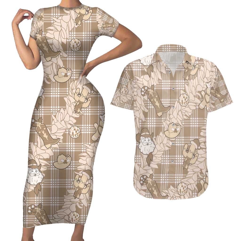 Khaki Palaka Hawaii Cowboy Christmas Couples Matching Short Sleeve Bodycon Dress and Hawaiian Shirt Paniolo Mix Maile Lei - Polynesian Pride