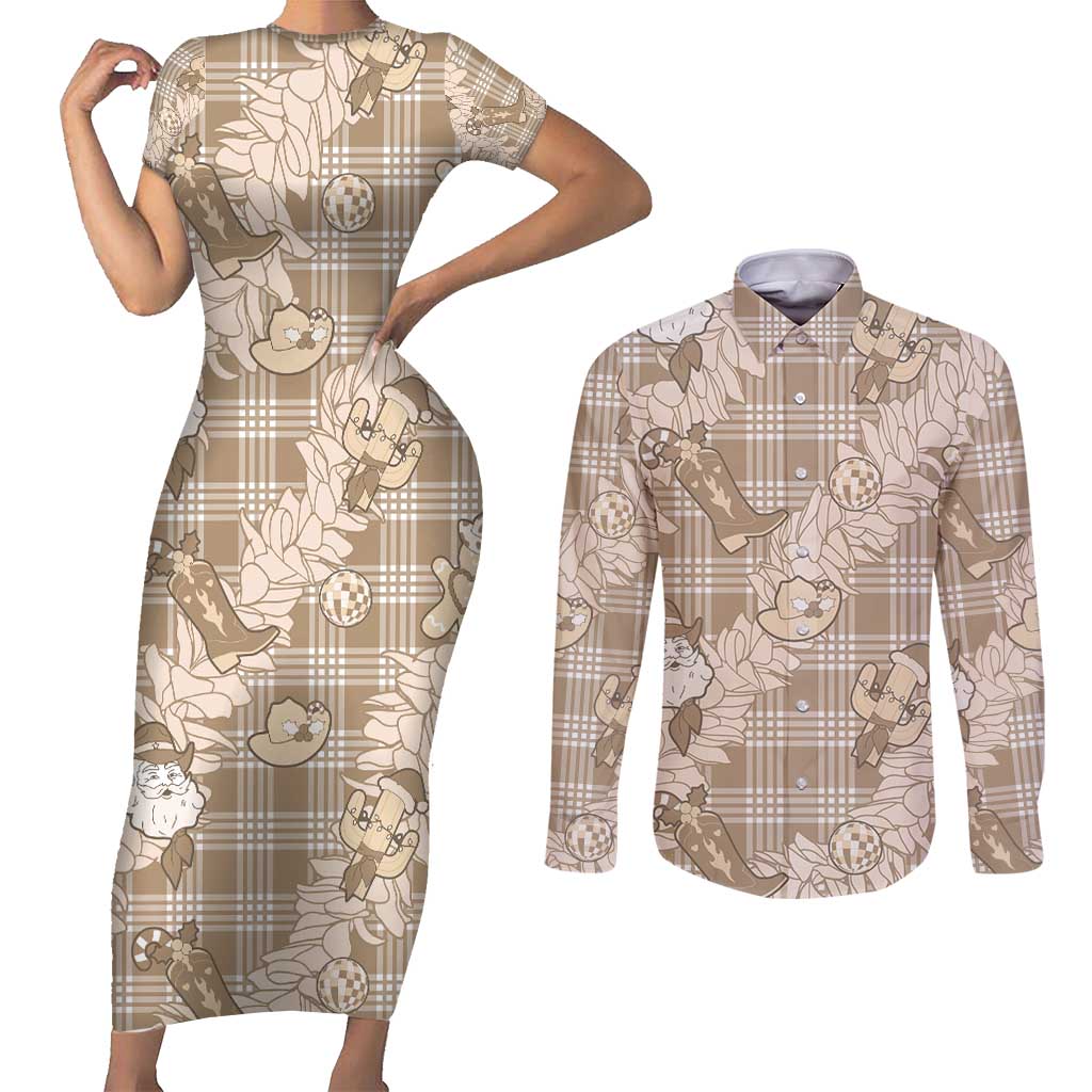 Khaki Palaka Hawaii Cowboy Christmas Couples Matching Short Sleeve Bodycon Dress and Long Sleeve Button Shirt Paniolo Mix Maile Lei - Polynesian Pride