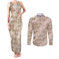 Khaki Palaka Hawaii Cowboy Christmas Couples Matching Tank Maxi Dress and Long Sleeve Button Shirt Paniolo Mix Maile Lei - Polynesian Pride